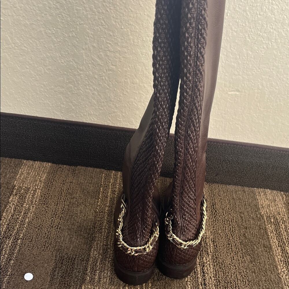 Cole Haan Idina Brown Stretch Leather Riding Boots with Chain Detail - Picture 3 of 11